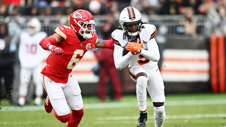 Dec 15, 2024; Cleveland, Ohio, USA; Cleveland Browns wide receiver Jerry Jeudy (3) runs with the ball after a catch as Kansas City Chiefs safety Bryan Cook (6) defends during the first quarter at Huntington Bank Field. Mandatory Credit: Ken Blaze-Imagn Images