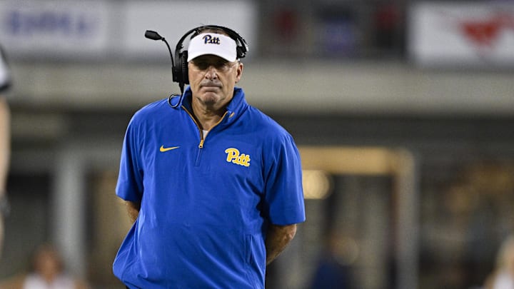 Nov 2, 2024; Dallas, Texas, USA; Pittsburgh Panthers head coach Pat Narduzzi during the game between the Southern Methodist Mustangs and the Pittsburgh Panthers at Gerald J. Ford Stadium. Mandatory Credit: Jerome Miron-Imagn Images