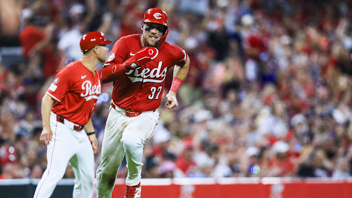 Jul 26, 2025; Cincinnati, Ohio, USA; Cincinnati Reds catcher Tyler Stephenson (37) scores on a RBI single hit by outfielder TJ Friedl (not pictured) in the eighth inning against the Tampa Bay Rays at Great American Ball Park. Mandatory Credit: Katie Stratman-Imagn Images