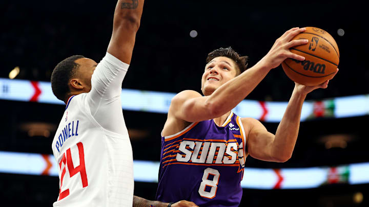 Apr 9, 2024; Phoenix, Arizona, USA; Phoenix Suns guard Grayson Allen (8) shoots the ball against LA Clippers guard Norman Powell (24) during the third quarter at Footprint Center. Mandatory Credit: Mark J. Rebilas-Imagn Images Apr 9, 2024; Phoenix, Arizona, USA; Phoenix Suns guard Grayson Allen (8) shoots the ball against LA Clippers guard Norman Powell (24) during the third quarter at Footprint Center. Mandatory Credit: Mark J. Rebilas-Imagn Images
