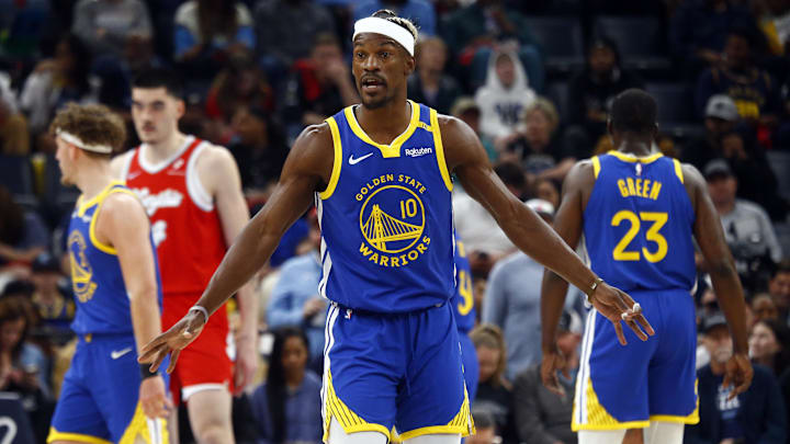 Apr 1, 2025; Memphis, Tennessee, USA; Golden State Warriors forward Jimmy Butler III (10) reacts during the first quarter against the Memphis Grizzlies at FedExForum. Mandatory Credit: Petre Thomas-Imagn Images