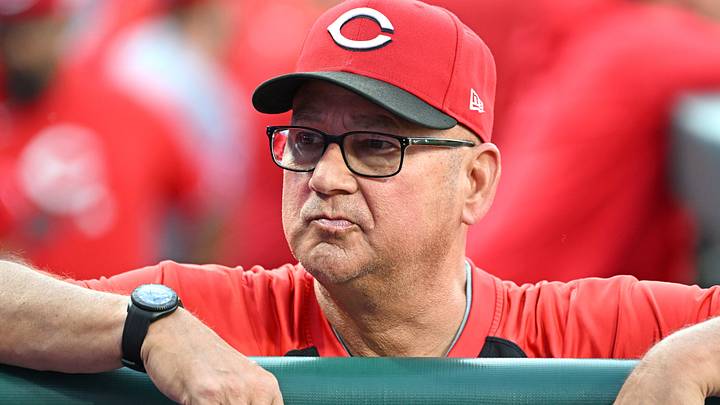 May 19, 2026; Philadelphia, Pennsylvania, USA; Cincinnati Reds manager Terry Francona (77) in the dugout against the Philadelphia Phillies at Citizens Bank Park. Mandatory Credit: Eric Hartline-Imagn Images