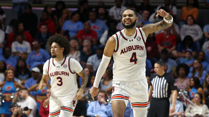 Feb 3, 2024; Oxford, Mississippi, USA; Auburn Tigers forward/center Johni Broome (4) reacts after a