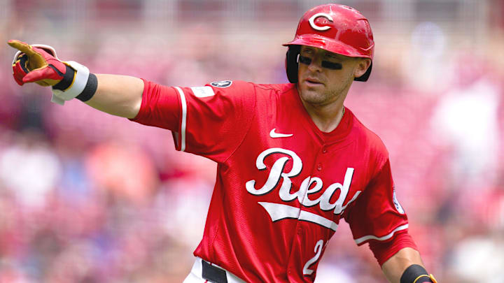 Cincinnati Reds outfielder TJ Friedl (29) gestures 
