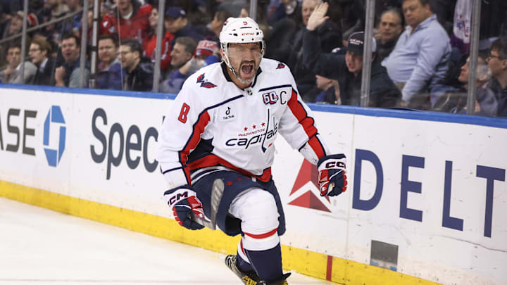 Mar 5, 2025; New York, New York, USA;  Washington Capitals left wing Alex Ovechkin (8) celebrates after scoring a goal in the third period against the New York Rangers at Madison Square Garden. Mandatory Credit: Wendell Cruz-Imagn Images