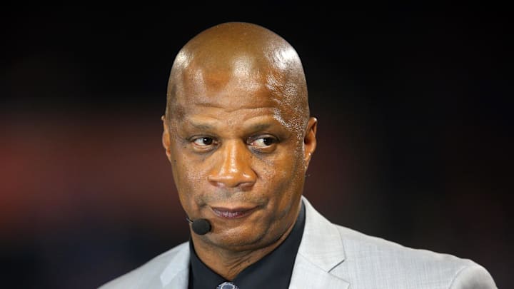 Nov 1, 2015; New York City, NY, USA; New York Mets former player Darryl Strawberry is interviewed game five of the World Series against the Kansas City Royals at Citi Field. Mandatory Credit: Brad Penner-Imagn Images