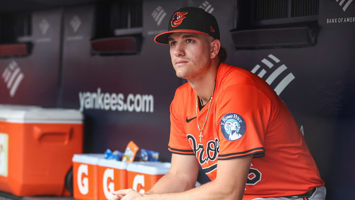 Sep 27, 2025; Bronx, New York, USA;  Baltimore Orioles first baseman Coby Mayo (16) at Yankee Stadium. Mandatory Credit: Wendell Cruz-Imagn Images