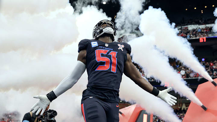 Dec 25, 2024; Houston, Texas, USA;  Houston Texans defensive end Will Anderson Jr. (51) runs onto the field before the game against the Baltimore Ravens at NRG Stadium. Mandatory Credit: Troy Taormina-Imagn Images