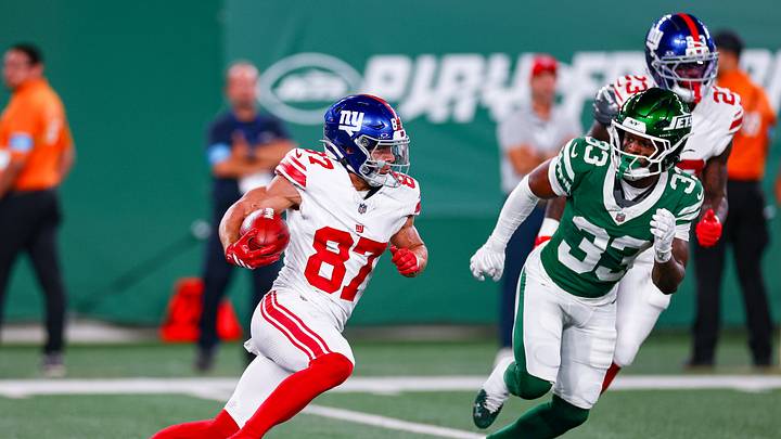 Aug 28, 2026; East Rutherford, New Jersey, USA; New York Giants wide receiver Braxton Berrios (87) returns a punt as New York Jets cornerback Jordan Clark (33) pursues during the first half at MetLife Stadium. Aug 28, 2026; East Rutherford, New Jersey, USA; New York Giants wide receiver Braxton Berrios (87) returns a punt as New York Jets cornerback Jordan Clark (33) pursues during the first half at MetLife Stadium.