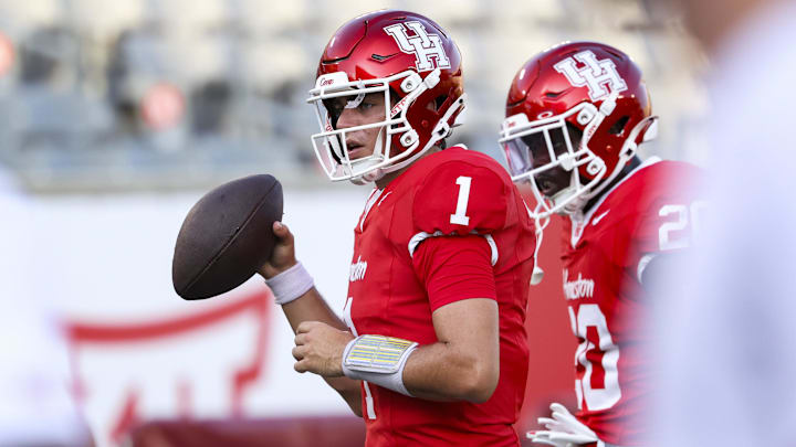 Aug 28, 2025; Houston, Texas, USA; Houston Cougars quarterback Conner Weigman (1) warms up before the game against the Stephen F. Austin Lumberjacks at TDECU Stadium. Mandatory Credit: Troy Taormina-Imagn Images