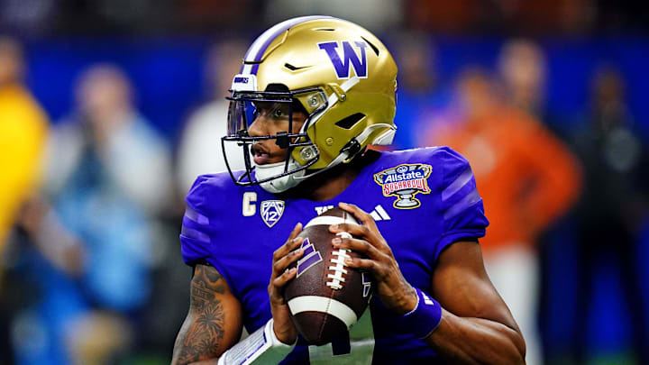 Jan 1, 2024; New Orleans, LA, USA; Washington Huskies quarterback Michael Penix Jr. (9) drops back