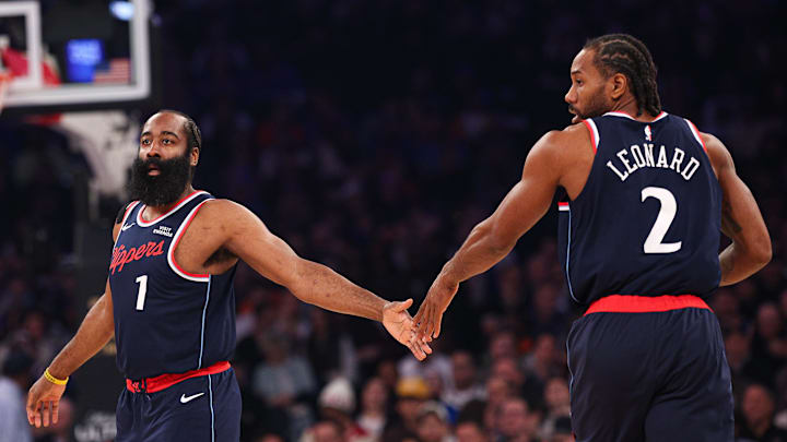 Jan 7, 2026; New York, New York, USA; LA Clippers guard James Harden (1) slaps hands with forward Kawhi Leonard (2) during the first quarter against the New York Knicks at Madison Square Garden. Mandatory Credit: Vincent Carchietta-Imagn Images Jan 7, 2026; New York, New York, USA; LA Clippers guard James Harden (1) slaps hands with forward Kawhi Leonard (2) during the first quarter against the New York Knicks at Madison Square Garden. Mandatory Credit: Vincent Carchietta-Imagn Images