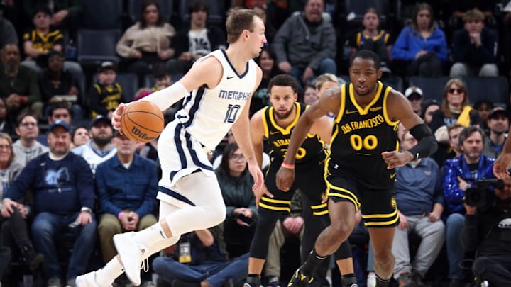 Jan 15, 2024; Memphis, Tennessee, USA; Memphis Grizzlies guard Luke Kennard (10) dribbles as Golden State Warriors forward Jonathan Kuminga (00) defends during the second half at FedExForum. Mandatory Credit: Petre Thomas-Imagn Images Jan 15, 2024; Memphis, Tennessee, USA; Memphis Grizzlies guard Luke Kennard (10) dribbles as Golden State Warriors forward Jonathan Kuminga (00) defends during the second half at FedExForum. Mandatory Credit: Petre Thomas-Imagn Images