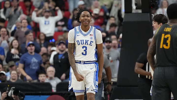 Mar 23, 2025; Raleigh, NC, USA; Duke Blue Devils guard Isaiah Evans (3) celebrates after a play during the second half against the Baylor Bears in the second round of the NCAA Tournament at Lenovo Center. Mandatory Credit: Bob Donnan-Imagn Images