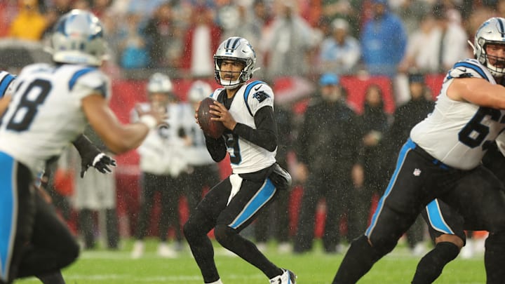 Jan 3, 2026; Tampa, Florida, USA; Carolina Panthers quarterback Bryce Young (9) looks to pass against the Tampa Bay Buccaneers in the first half at Raymond James Stadium. Mandatory Credit: Nathan Ray Seebeck-Imagn Images
