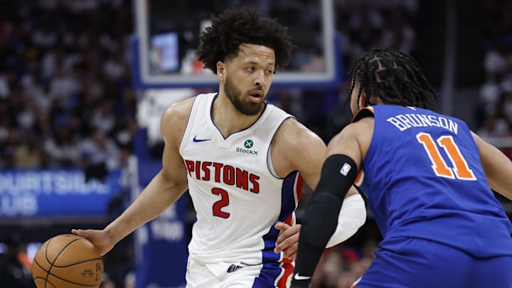 Apr 24, 2025; Detroit, Michigan, USA; Detroit Pistons guard Cade Cunningham (2) dribbles defended by New York Knicks guard Jalen Brunson (11) in the second half during game three of first round for the 2024 NBA Playoffs at Little Caesars Arena. Mandatory Credit: Rick Osentoski-Imagn Images