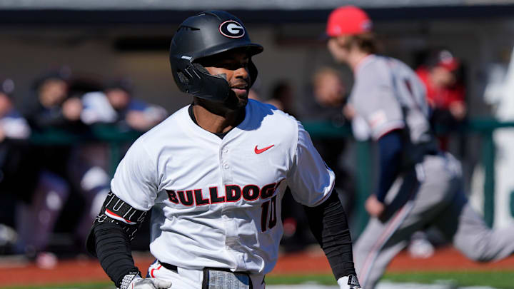 Georgia's Robbie Burnett runs for first during an NCAA baseball game against UIC in Athens, Ga., on Friday, Feb. 21, 2025.