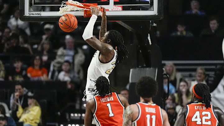 Feb 28, 2026; Winston-Salem, North Carolina, USA; Wake Forest Demon Deacons forward Tre'von Spillers (25) makes a dunk during the second half against the Syracuse Orange at Lawrence Joel Veterans Memorial Coliseum. Mandatory Credit: Jim Dedmon-Imagn Images Feb 28, 2026; Winston-Salem, North Carolina, USA; Wake Forest Demon Deacons forward Tre'von Spillers (25) makes a dunk during the second half against the Syracuse Orange at Lawrence Joel Veterans Memorial Coliseum. Mandatory Credit: Jim Dedmon-Imagn Images