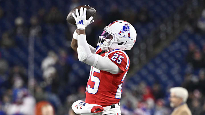 Dec 1, 2025; Foxborough, Massachusetts, USA; New England Patriots cornerback Marcus Jones (25) catches a pass during warmups prior to the game against the New York Giants at Gillette Stadium. Mandatory Credit: Eric Canha-Imagn Images Dec 1, 2025; Foxborough, Massachusetts, USA; New England Patriots cornerback Marcus Jones (25) catches a pass during warmups prior to the game against the New York Giants at Gillette Stadium. Mandatory Credit: Eric Canha-Imagn Images