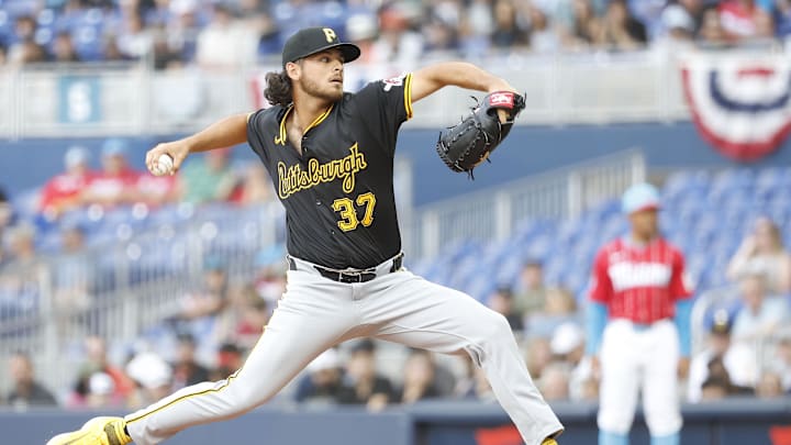 Mar 30, 2024; Miami, Florida, USA; Pittsburgh Pirates starting pitcher Jared Jones (37) pitches