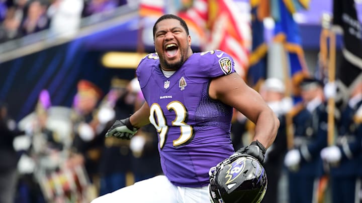 Oct 24, 2021; Baltimore, Maryland, USA; Baltimore Ravens defensive end Calais Campbell (93) runs