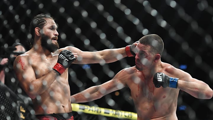 Nov 2, 2019; New York, NY, USA;  Jorge Masvidal (red gloves) fights Nate Diaz (blue gloves) during