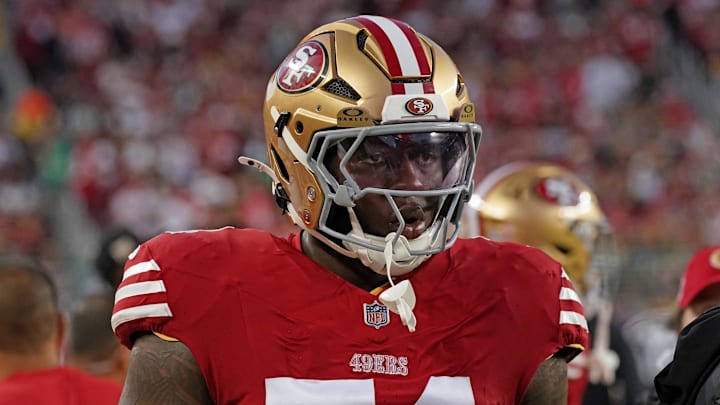 Sep 9, 2024; Santa Clara, California, USA; San Francisco 49ers offensive tackle Spencer Burford (74) watches the action from the sideline in the third quarter against the New York Jets at Levi's Stadium. Mandatory Credit: David Gonzales-Imagn Images