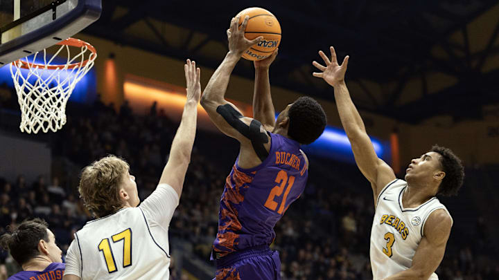Clemson guard Ace Buckner puts up a shot between two Cal defenders in the Tigers' win on Saturday night. 
