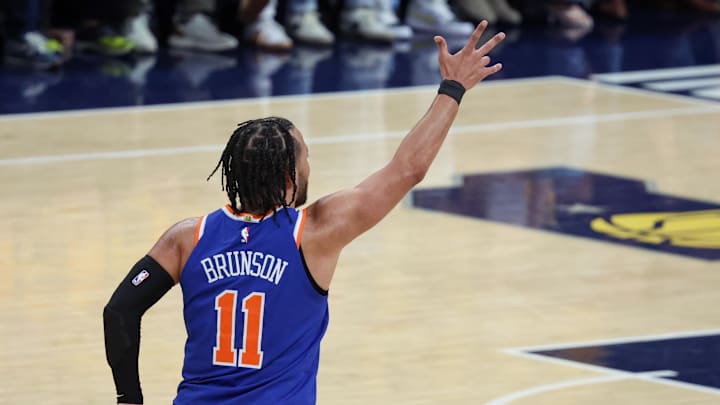 May 31, 2025; Indianapolis, Indiana, USA; New York Knicks guard Jalen Brunson (11) celebrates after three-point basket against the Indiana Pacers in the first quarter during game six of the eastern conference finals for the 2025 NBA Playoffs at Gainbridge Fieldhouse. Mandatory Credit: Trevor Ruszkowski-Imagn Images