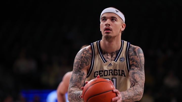 Jan 22, 2025; Atlanta, Georgia, USA; Georgia Tech Yellow Jackets forward Duncan Powell (31) shoots a free throw against the Virginia Tech Hokies in the second half at McCamish Pavilion. Mandatory Credit: Brett Davis-Imagn Images