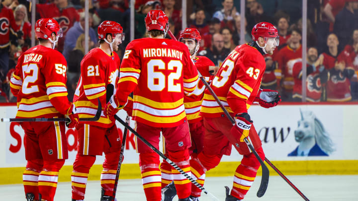 Apr 18, 2024; Calgary, Alberta, CAN; Calgary Flames right wing Adam Klapka (43) celebrates his goal with teammates against the San Jose Sharks during the first period at Scotiabank Saddledome. Mandatory Credit: Sergei Belski-USA TODAY Sports Apr 18, 2024; Calgary, Alberta, CAN; Calgary Flames right wing Adam Klapka (43) celebrates his goal with teammates against the San Jose Sharks during the first period at Scotiabank Saddledome. Mandatory Credit: Sergei Belski-USA TODAY Sports