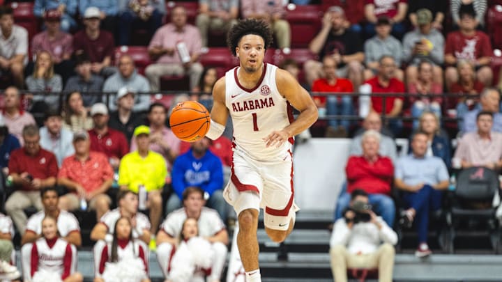 Nov 11, 2024; Tuscaloosa, Alabama, USA; Alabama Crimson Tide guard Mark Sears (1) drives the ball down the court against the McNeese State Cowboys during the second half at Coleman Coliseum. Mandatory Credit: Will McLelland-Imagn Images
