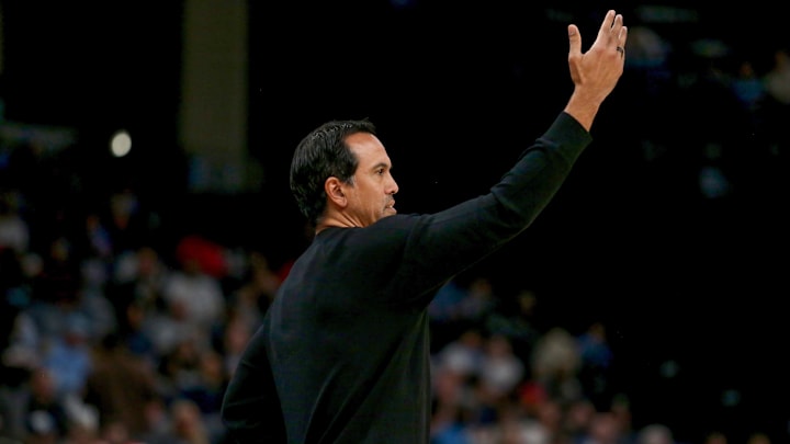 Oct 24, 2025; Memphis, Tennessee, USA; Miami Heat head coach Erik Spoelstra gives direction during the first quarter against the Memphis Grizzlies at FedExForum. Mandatory Credit: Petre Thomas-Imagn Images Oct 24, 2025; Memphis, Tennessee, USA; Miami Heat head coach Erik Spoelstra gives direction during the first quarter against the Memphis Grizzlies at FedExForum. Mandatory Credit: Petre Thomas-Imagn Images