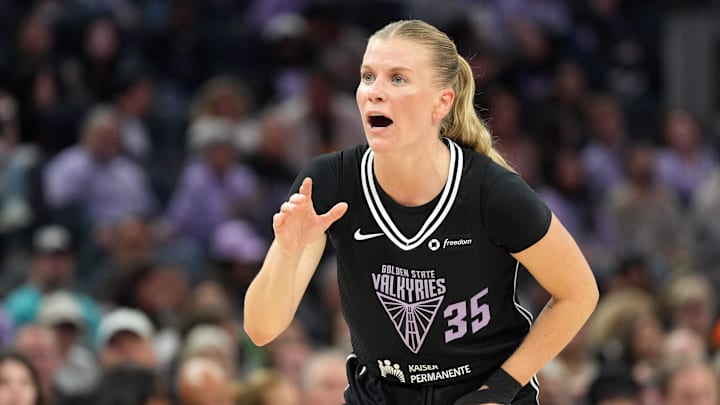 Jun 1, 2025; San Francisco, California, USA; Golden State Valkyries guard Julie Vanloo (35) yells during the second quarter against the Minnesota Lynx at Chase Center. Mandatory Credit: Darren Yamashita-Imagn Images