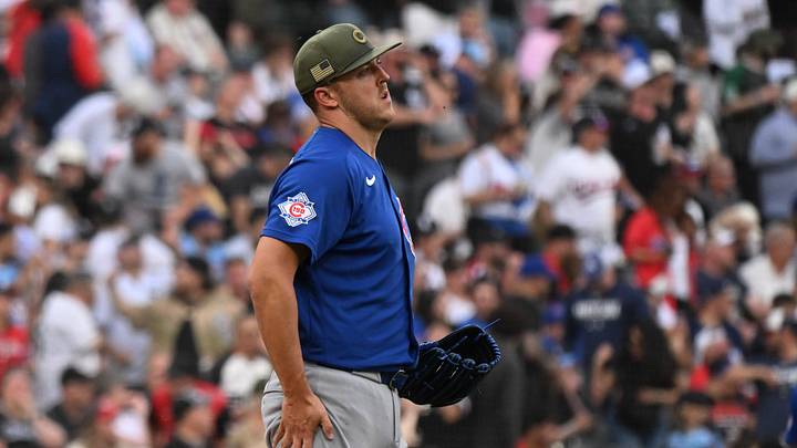 May 16, 2026; Chicago, Illinois, USA; Chicago Cubs pitcher Jameson Taillon (50) looks on after Chicago White Sox shortstop Colson Montgomery (12) hit a home run during the third inning at Rate Field. Mandatory Credit: Matt Marton-Imagn Images