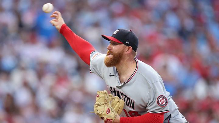 Aug 4, 2026; Philadelphia, Pennsylvania, USA; Washington Nationals pitcher Zack Littell (18) throws a pitch against the Philadelphia Phillies during the second inning at Citizens Bank Park. Mandatory Credit: Bill Streicher-Imagn Images