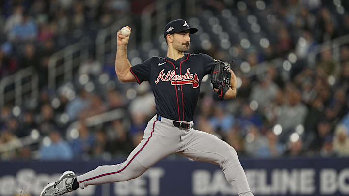 Apr 16, 2025; Toronto, Ontario, CAN; Atlanta Braves starting pitcher Spencer Strider (99) pitches to the Toronto Blue Jays during the first inning at Rogers Centre. Mandatory Credit: John E. Sokolowski-Imagn Images