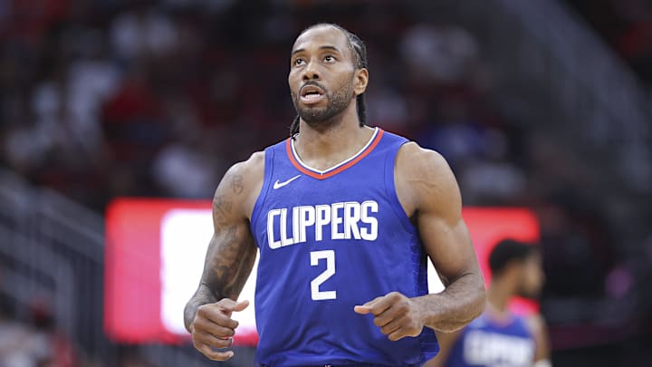Mar 6, 2024; Houston, Texas, USA; Los Angeles Clippers forward Kawhi Leonard (2) reacts after a play during the game against the Houston Rockets at Toyota Center. 