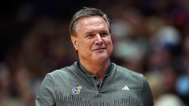 Nov 19, 2024; Lawrence, Kansas, USA; Kansas Jayhawks head coach Bill Self reacts during the second half against the North Carolina-Wilmington Seahawks at Allen Fieldhouse. Mandatory Credit: Jay Biggerstaff-Imagn Images