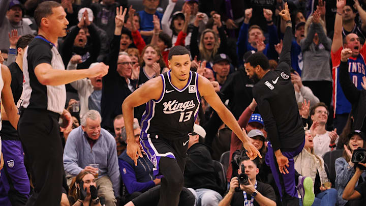 Feb 8, 2025; Sacramento, California, USA; Sacramento Kings forward Keegan Murray (13) after a three point basket against the New Orleans Pelicans during the third quarter at Golden 1 Center. Mandatory Credit: Kelley L Cox-Imagn Images