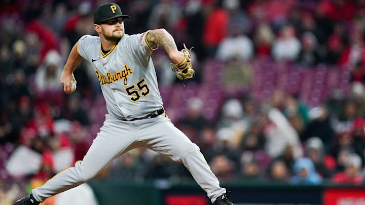Pittsburgh Pirates pitcher Chase Shugart (55) throws a pitch in the sixth inning of a MLB game between the Cincinnati Reds and Pittsburgh Pirates, Friday, April 11, 2025, at Great American Ball Park in Downtown Cincinnati. Reds won 5-3. Pittsburgh Pirates pitcher Chase Shugart (55) throws a pitch in the sixth inning of a MLB game between the Cincinnati Reds and Pittsburgh Pirates, Friday, April 11, 2025, at Great American Ball Park in Downtown Cincinnati. Reds won 5-3.