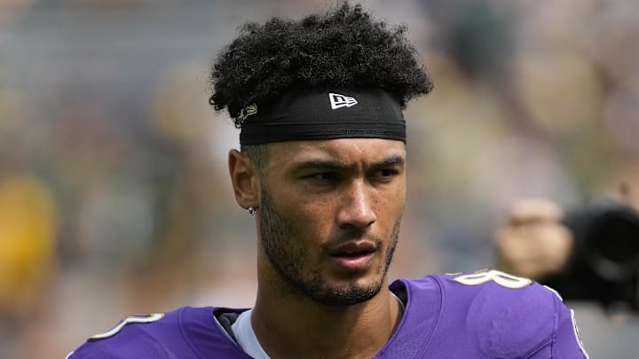 Aug 24, 2024; Green Bay, Wisconsin, USA; Baltimore Ravens tight end Qadir Ismail (83) during warmups prior to the game against the Green Bay Packers at Lambeau Field. Mandatory Credit: Jeff Hanisch-Imagn Images Aug 24, 2024; Green Bay, Wisconsin, USA; Baltimore Ravens tight end Qadir Ismail (83) during warmups prior to the game against the Green Bay Packers at Lambeau Field. Mandatory Credit: Jeff Hanisch-Imagn Images