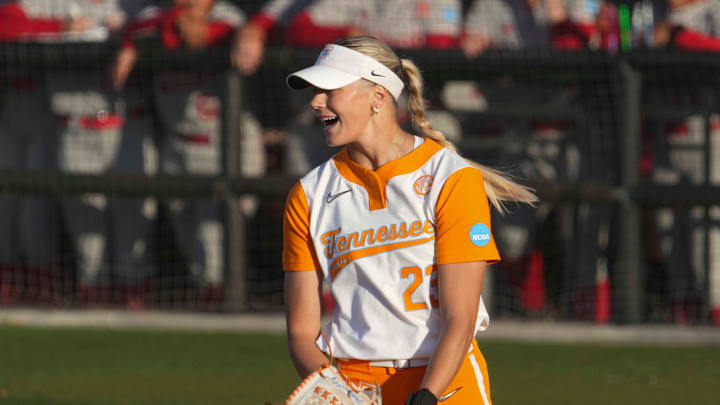 Tennessee pitcher Karlyn Pickens (23) smiles after striking out a batter during a NCAA super regional game between Tennessee and Nebraska at Sherri Parker Lee Stadium in Knoxville, Tenn., on May 23, 2025.