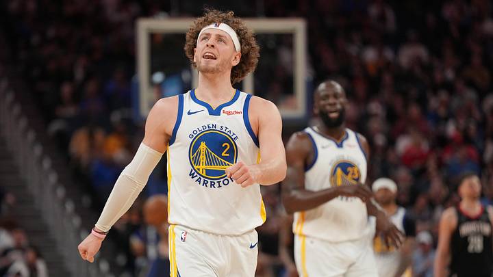 Apr 5, 2026; San Francisco, California, USA; Golden State Warriors guard Brandin Podziemski (2) reacts after missing a shot against the Houston Rockets in the third quarter at the Chase Center. Mandatory Credit: Cary Edmondson-Imagn Images