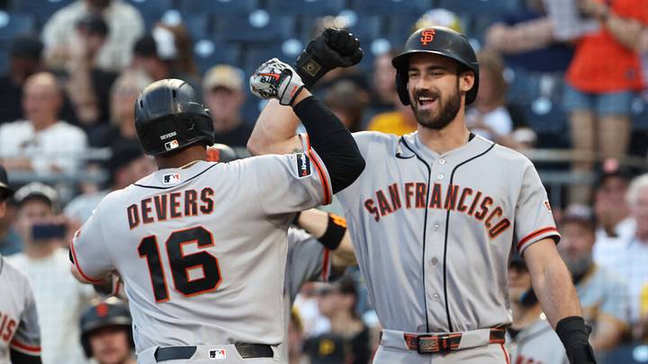 Pittsburgh, Pennsylvania, USA; San Francisco Giants designated hitter Bryce Eldridge (right) greets first baseman Rafael Devers (16) crossing home plate on a three run home run against the Pittsburgh Pirates during the second inning at PNC Park. Mandatory Credit: Charles LeClaire-Imagn Images Pittsburgh, Pennsylvania, USA; San Francisco Giants designated hitter Bryce Eldridge (right) greets first baseman Rafael Devers (16) crossing home plate on a three run home run against the Pittsburgh Pirates during the second inning at PNC Park. Mandatory Credit: Charles LeClaire-Imagn Images
