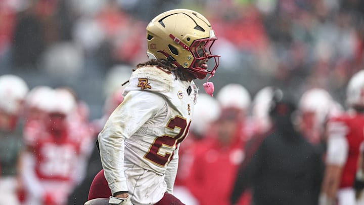 Dec 28, 2024; Bronx, NY, USA; Boston College Eagles defensive back KP Price (20) reacts after a turnover during the first half against the Nebraska Cornhuskers at Yankee Stadium. Mandatory Credit: Vincent Carchietta-Imagn Images Dec 28, 2024; Bronx, NY, USA; Boston College Eagles defensive back KP Price (20) reacts after a turnover during the first half against the Nebraska Cornhuskers at Yankee Stadium. Mandatory Credit: Vincent Carchietta-Imagn Images
