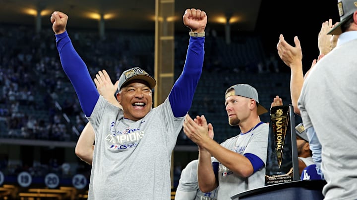 Oct 20, 2024; Los Angeles, California, USA; Los Angeles Dodgers manager Dave Roberts (30) celebrates after the Los Angeles Dodgers beat the New York Mets during in six of the NLCS for the 2024 MLB playoffs at Dodger Stadium. Mandatory Credit: Kiyoshi Mio-Imagn Images Oct 20, 2024; Los Angeles, California, USA; Los Angeles Dodgers manager Dave Roberts (30) celebrates after the Los Angeles Dodgers beat the New York Mets during in six of the NLCS for the 2024 MLB playoffs at Dodger Stadium. Mandatory Credit: Kiyoshi Mio-Imagn Images