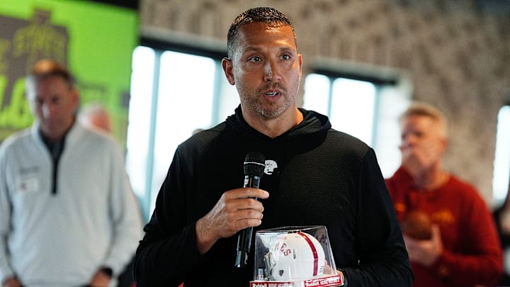 Iowa State football head coach Matt Campbell, athletic director Jamie Pollard and voice of Cyclones John Walters speak during Cyclones Tailgate Tour kickoff at Toast on May 19, 2025, in Ankeny, Iowa Iowa State football head coach Matt Campbell, athletic director Jamie Pollard and voice of Cyclones John Walters speak during Cyclones Tailgate Tour kickoff at Toast on May 19, 2025, in Ankeny, Iowa