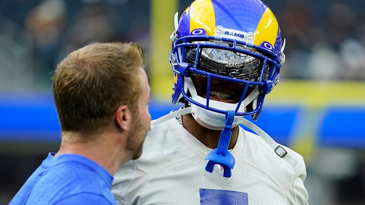 Jun 10, 2021; Los Angeles, CA, USA; Los Angeles Rams cornerback Jalen Ramsey (5) talks to head coach Sean McVay during and offseason workout at SoFi Stadium. Mandatory Credit: Robert Hanashiro-Imagn Images