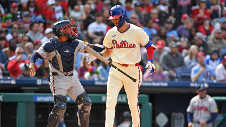 Mar 31, 2024; Philadelphia, Pennsylvania, USA; Philadelphia Phillies shortstop Trea Turner (7) reacts after striking out to end the 5th inning against the Atlanta Braves at Citizens Bank Park. Mandatory Credit: Eric Hartline-USA TODAY Sports Mar 31, 2024; Philadelphia, Pennsylvania, USA; Philadelphia Phillies shortstop Trea Turner (7) reacts after striking out to end the 5th inning against the Atlanta Braves at Citizens Bank Park. Mandatory Credit: Eric Hartline-USA TODAY Sports